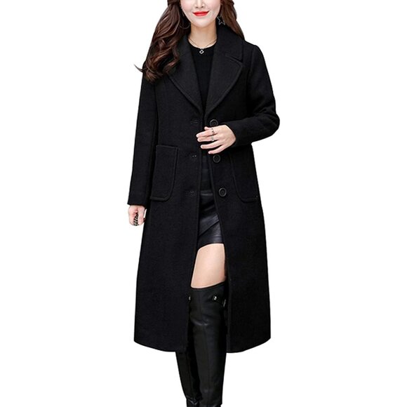 Women's Big Notch Lapel Single Breasted Mid-Long Wool Blend Coat